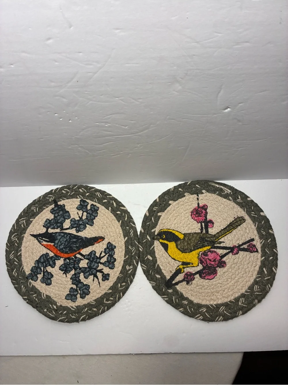 Set of 2 Handmade Braided Round Bird Floral Trivets Hot Pads 9